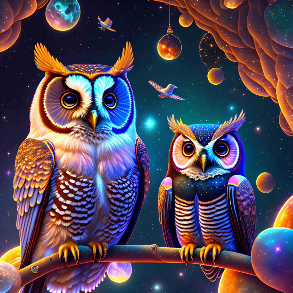 Colorful Stylized Owls Perched on Branch with Cosmic Background