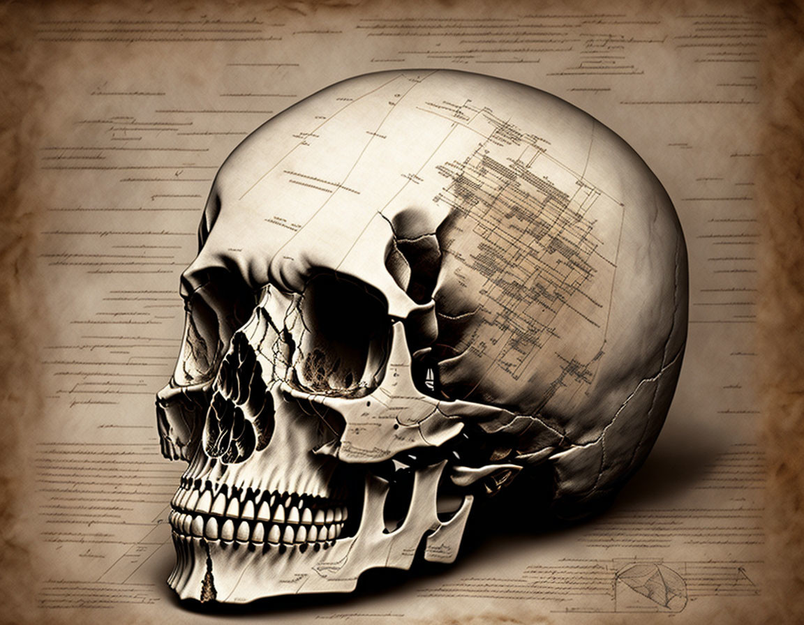 Digital human skull image on parchment with blueprints and schematics