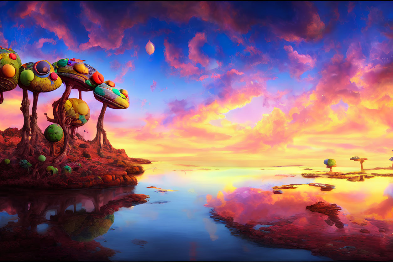 Colorful Mushroom Trees in Fantasy Landscape at Sunset