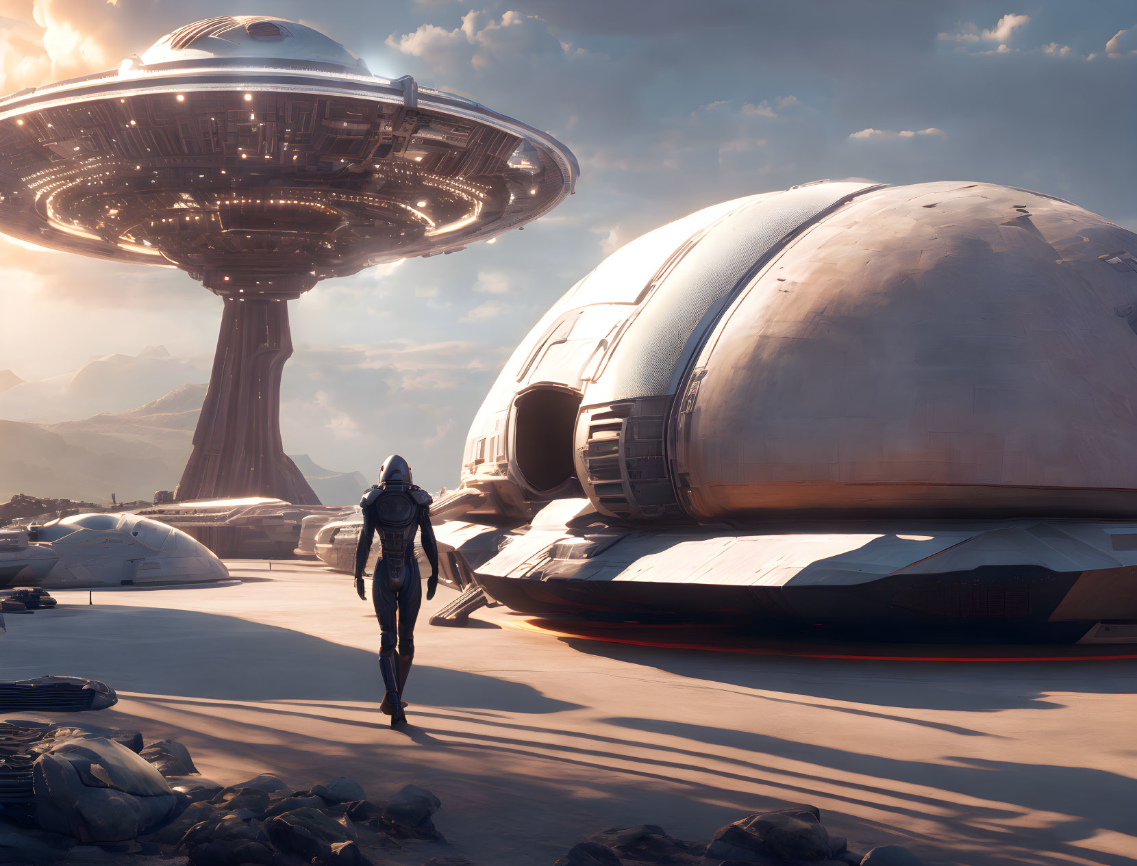 Space suit figure walking towards futuristic buildings and spaceship under bright sky.