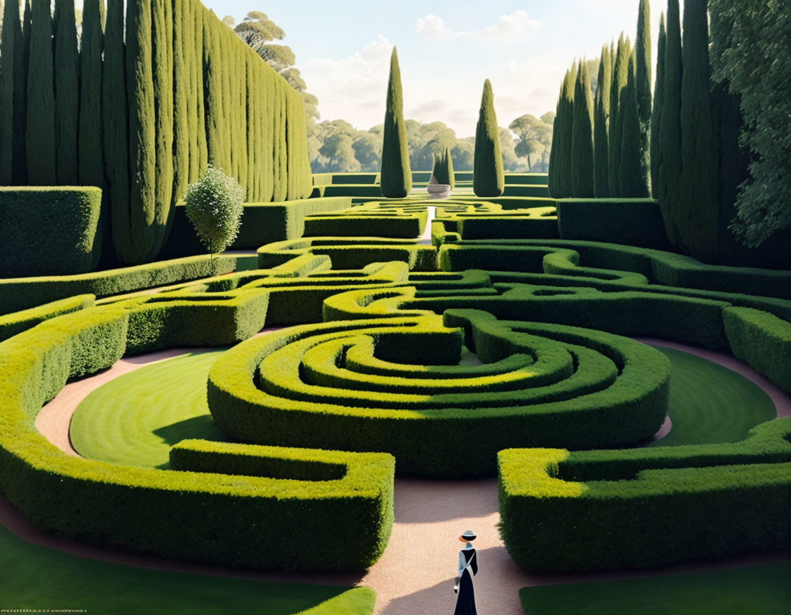 Person in hat navigating intricate garden maze under sunny sky