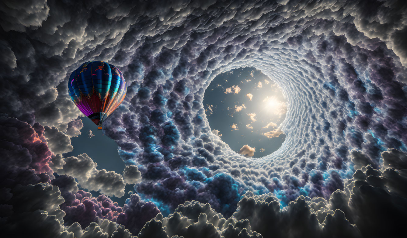 Colorful hot air balloon in surreal circular cloud formation with sun shining.