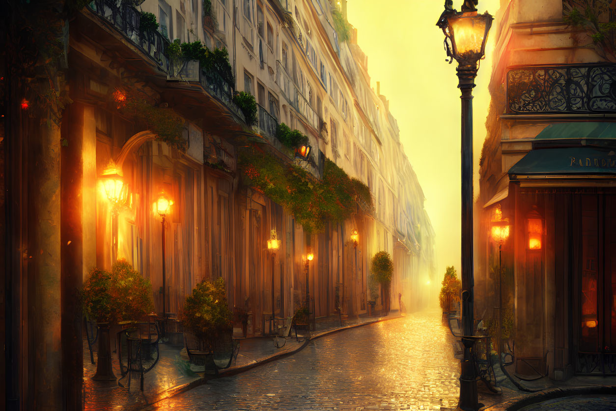 Historic cobblestone street with glowing lamps in old European city at dusk