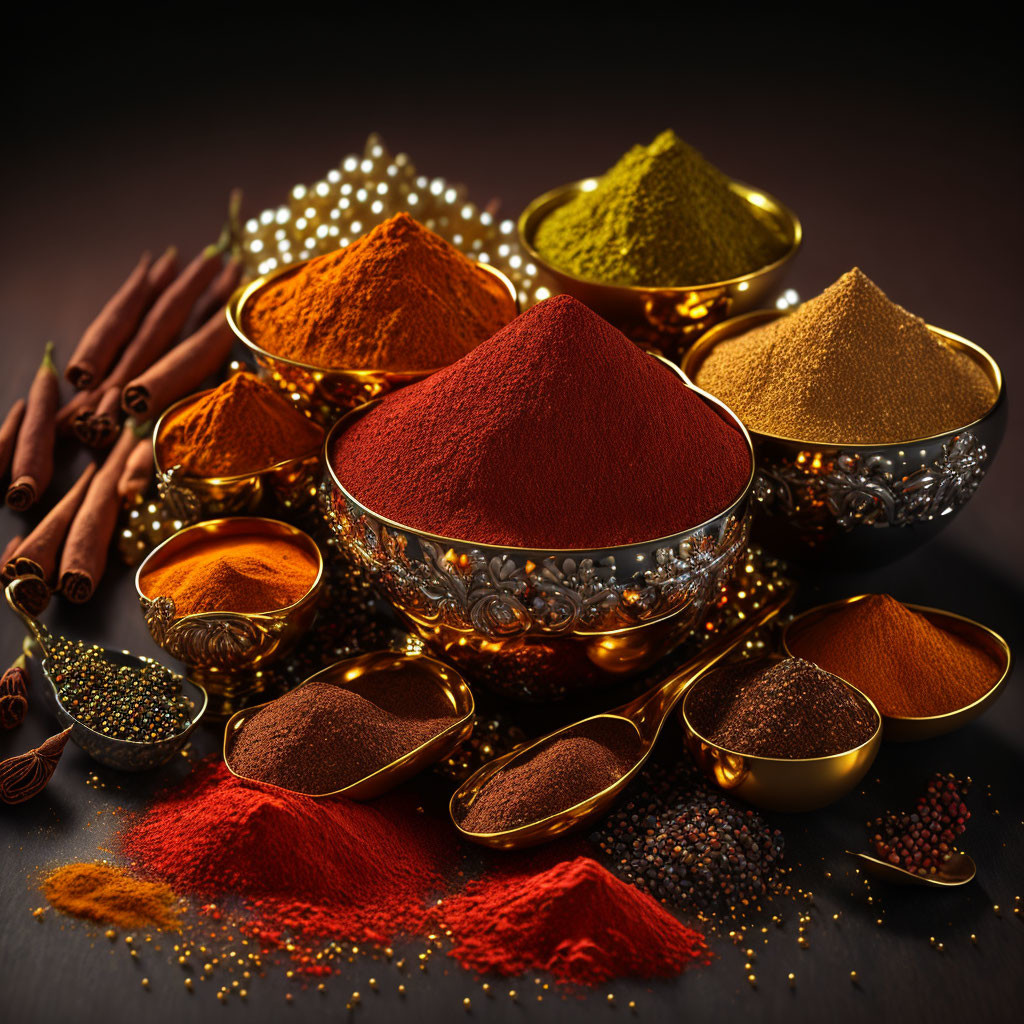 Vibrant spices in ornate bowls with cinnamon sticks under dim lighting