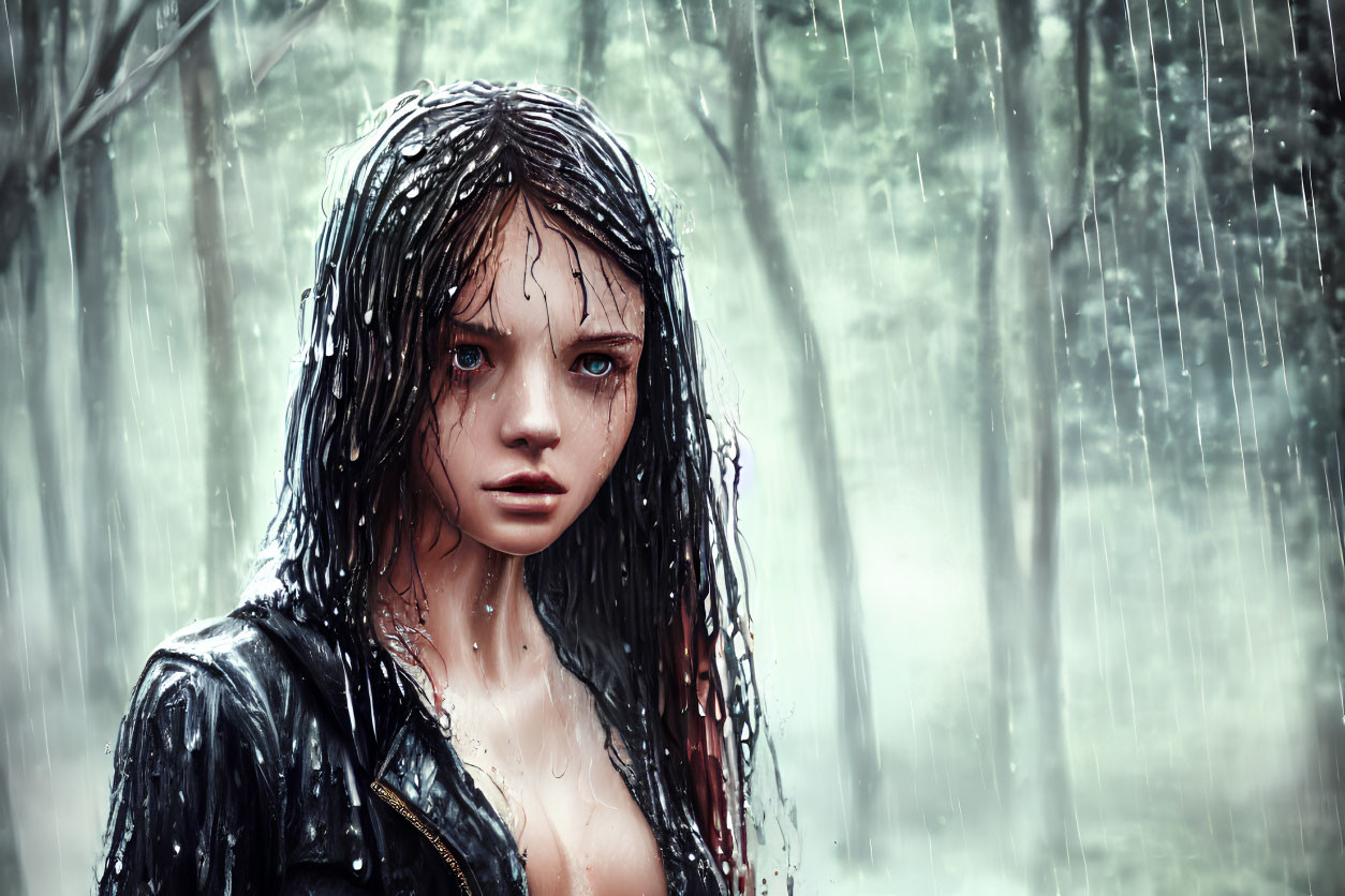 Young woman in leather jacket standing in rain with wet hair and blurred trees background