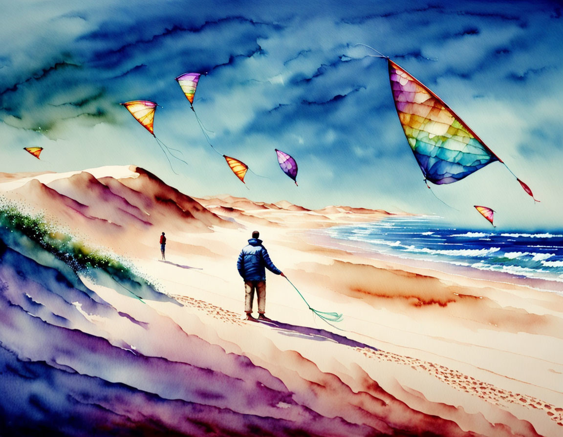 Vibrant watercolor painting: person flying kites on sandy beach with waves.