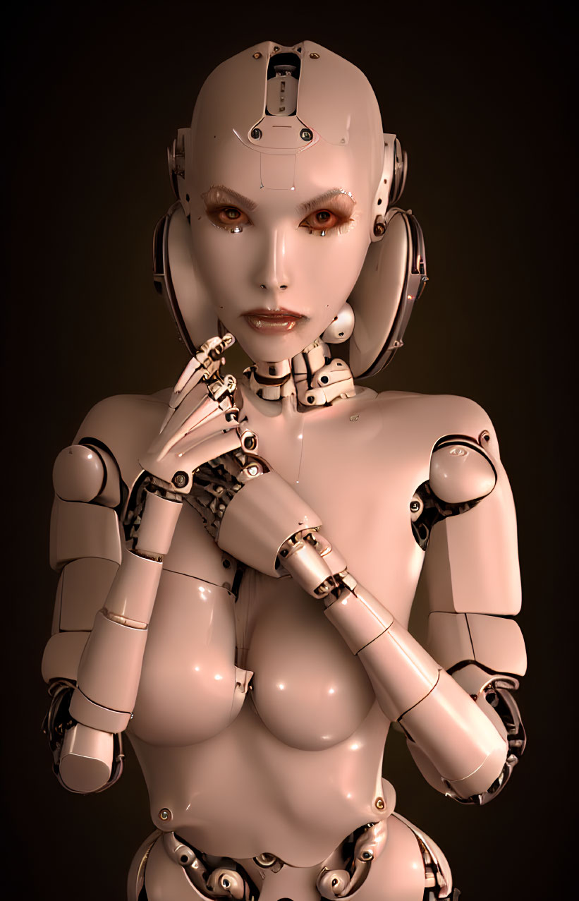 Detailed humanoid robot with contemplative pose and lifelike face against dark background