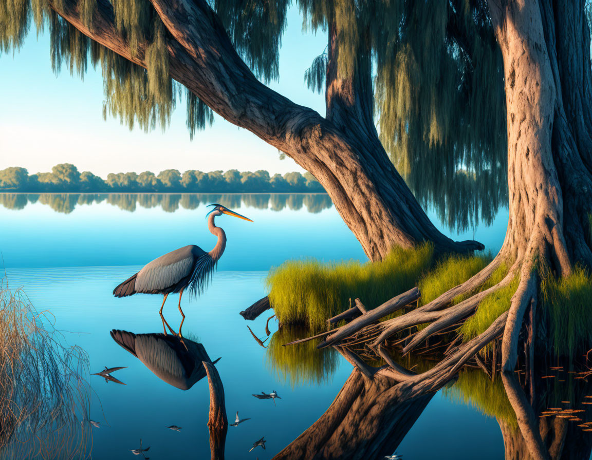 Tranquil lakescape with heron on branch, water reflections, and willow trees