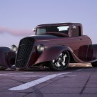 Vintage custom car with oversized fenders and headlights on urban road at dusk