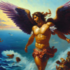 Muscular winged figure in loincloth hovers over sea with birds