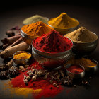 Vibrant spices in ornate bowls with cinnamon sticks under dim lighting