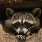 Curious raccoon in circular opening with golden screws