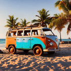 Vintage Two-Toned VW Bus on Sandy Beach at Sunset