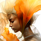 Profile of woman intertwined with yellow-orange flowers in serene portrait.