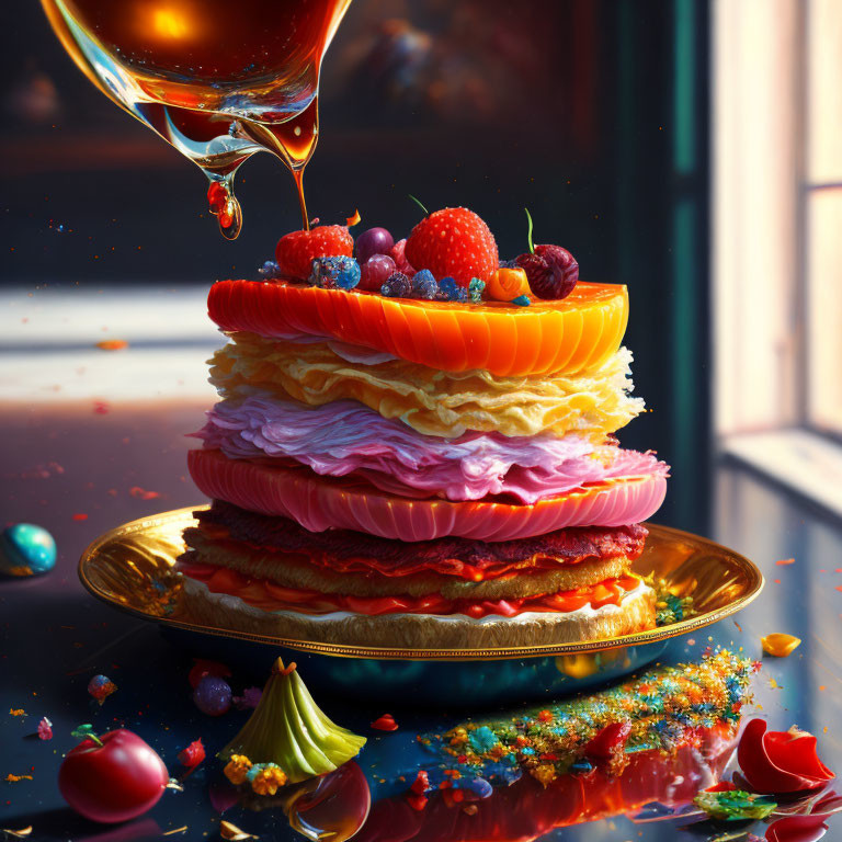 Colorful Layered Dessert with Fresh Berries and Honey Drizzle on Reflective Surface