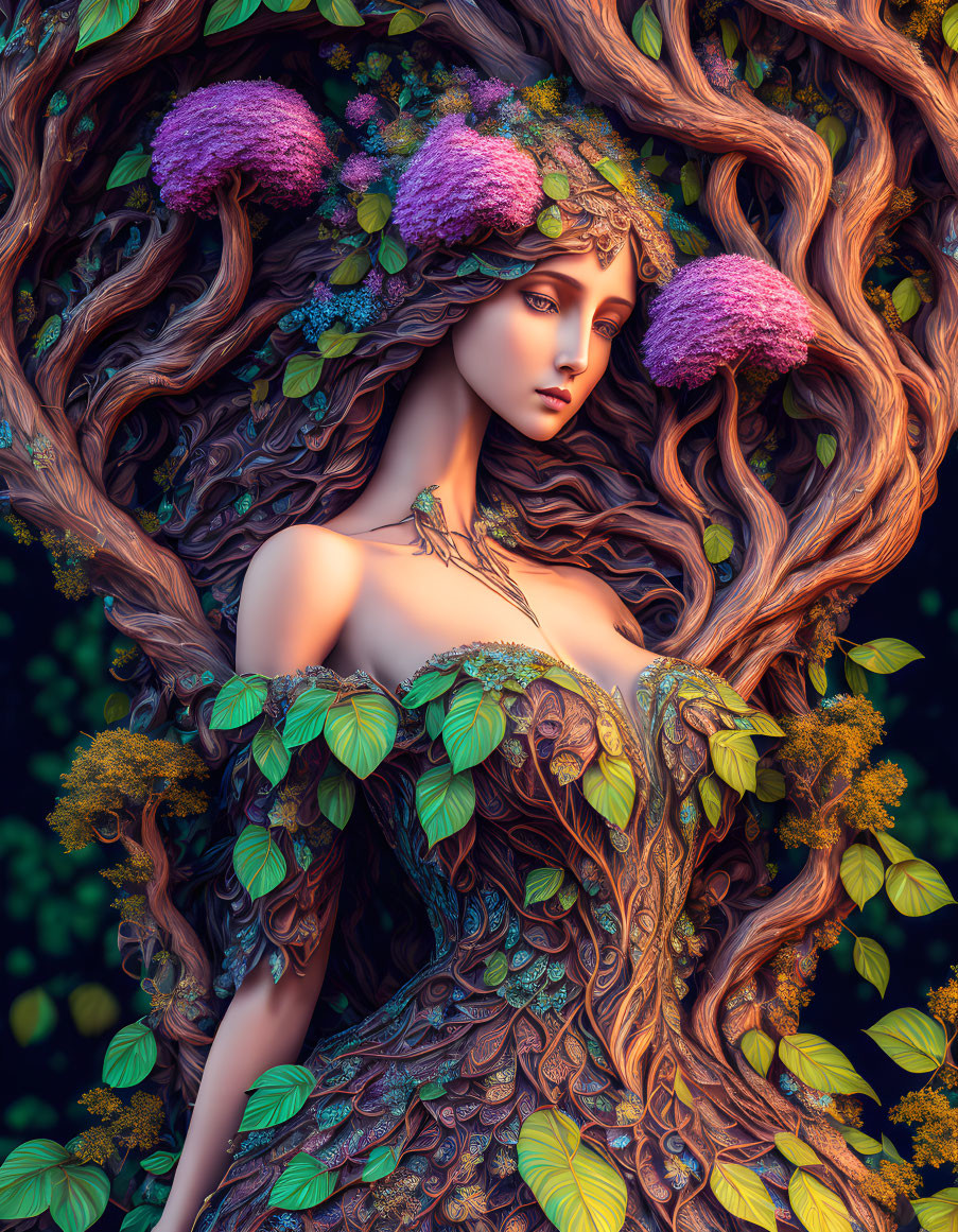 Fantasy illustration: Woman intertwined with nature, dress and hair adorned with leaves, branches, purple flowers