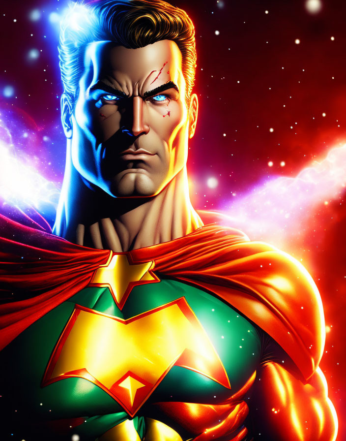 Muscular superhero with red cape and chest emblem in cosmic scene