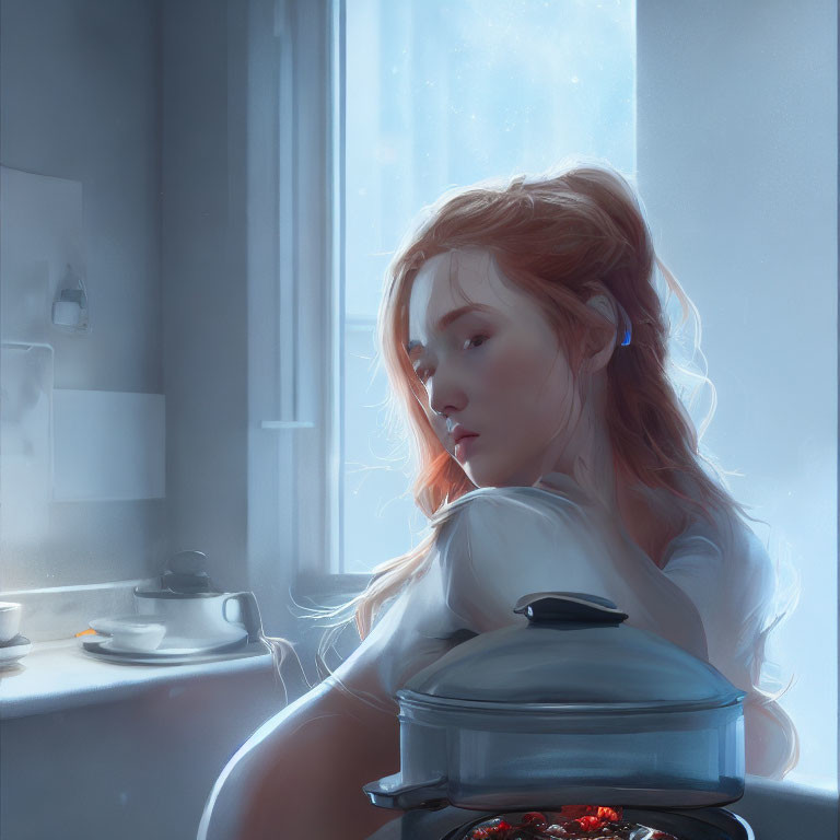 Red-haired woman gazes out window with food cooking nearby in soft light