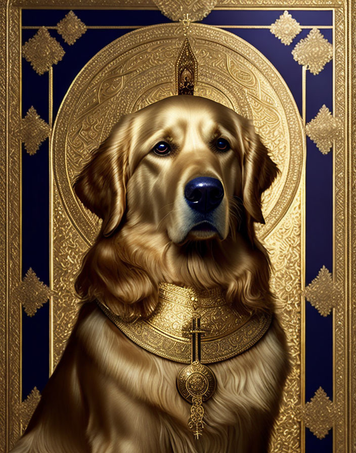 Golden retriever with saintly halo and cross necklace on blue and gold background.