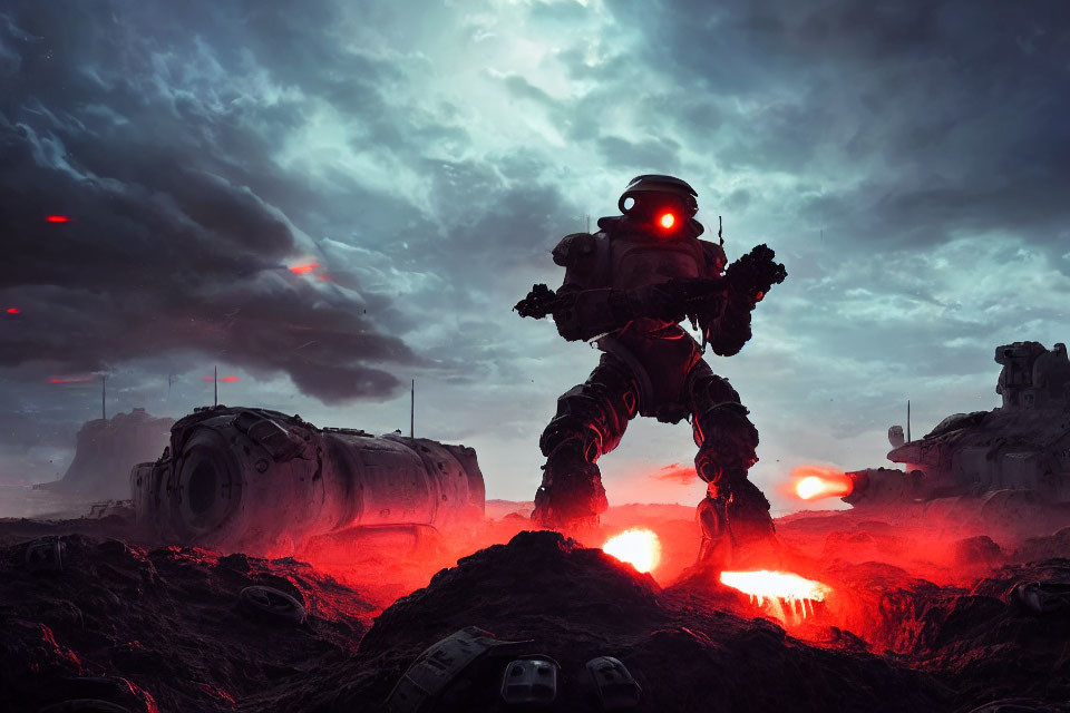 Robotic figure in fiery landscape under stormy sky