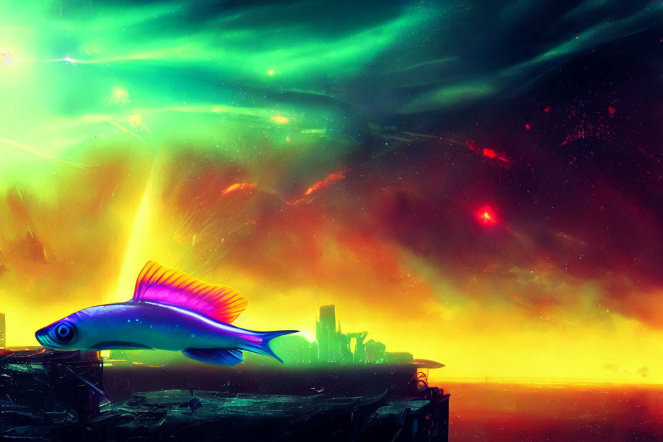 Neon-colored fish in futuristic cityscape under green aurora sky