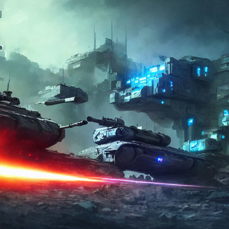 Armored vehicles with neon highlights in post-apocalyptic combat