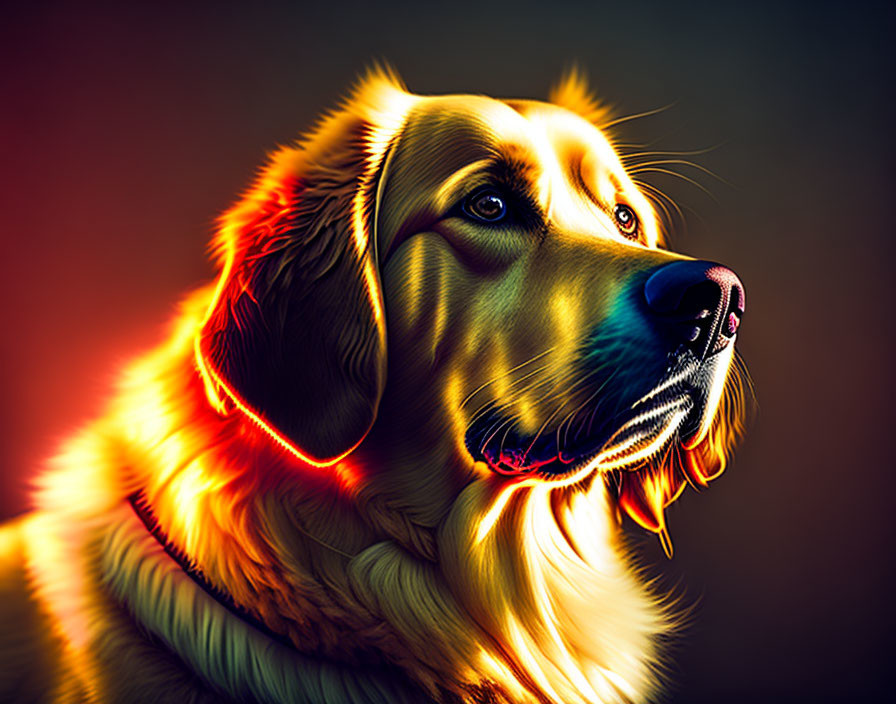 Golden retriever with glowing outlines on dark background