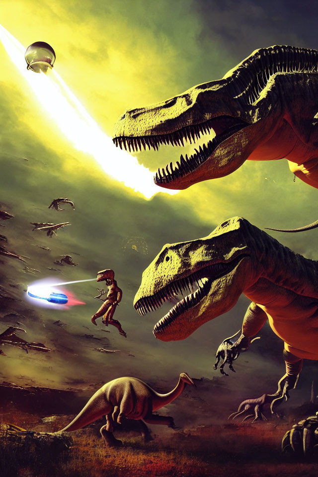 Surreal dinosaur and spaceship scene under dramatic sky