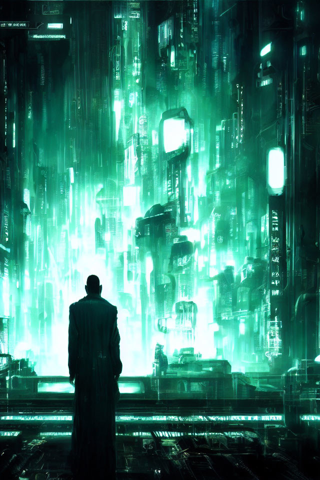 Figure in Green Light Amid Cyberpunk Cityscape