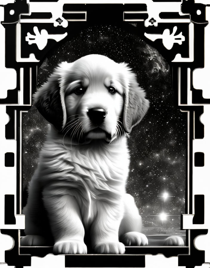 Black and White Cute Puppy Illustration with Cosmic Backdrop and Abstract Patterns