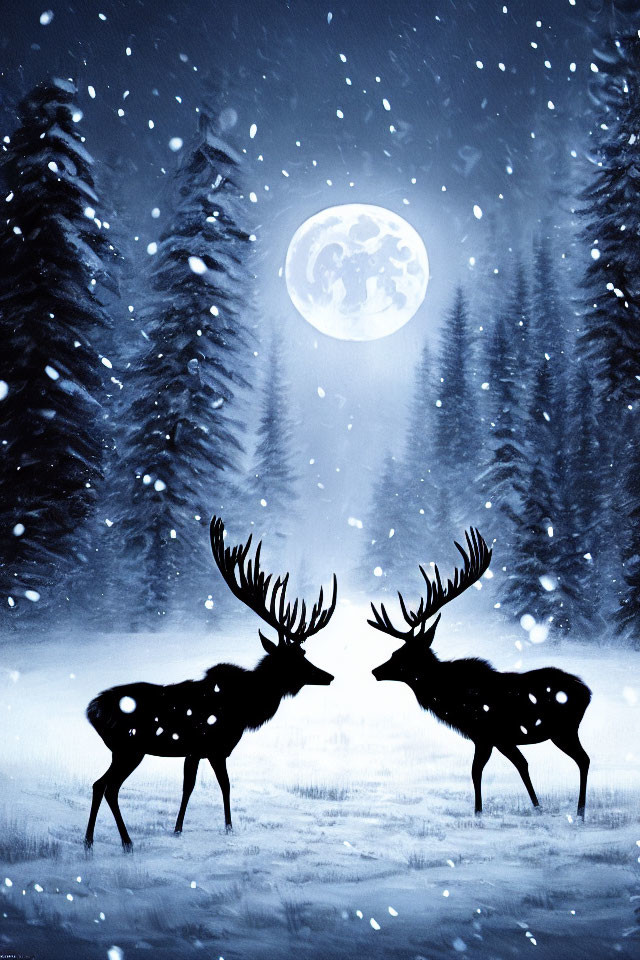 Silhouetted deer in snowy forest under full moon