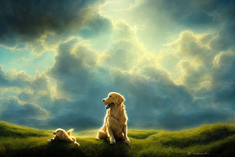 Golden retrievers with shoe on grassy hill under dramatic sky