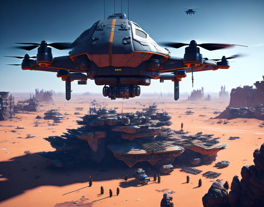 Futuristic spacecraft above desert base with ships and personnel under alien sky