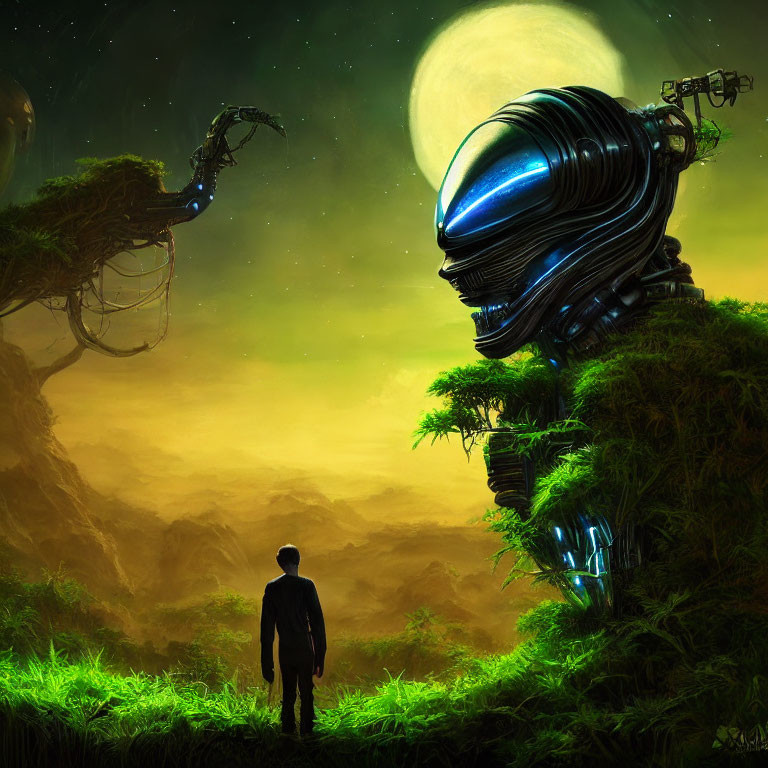 Massive helmeted alien head in lush green landscape with eerie lights and industrial elements under large moon