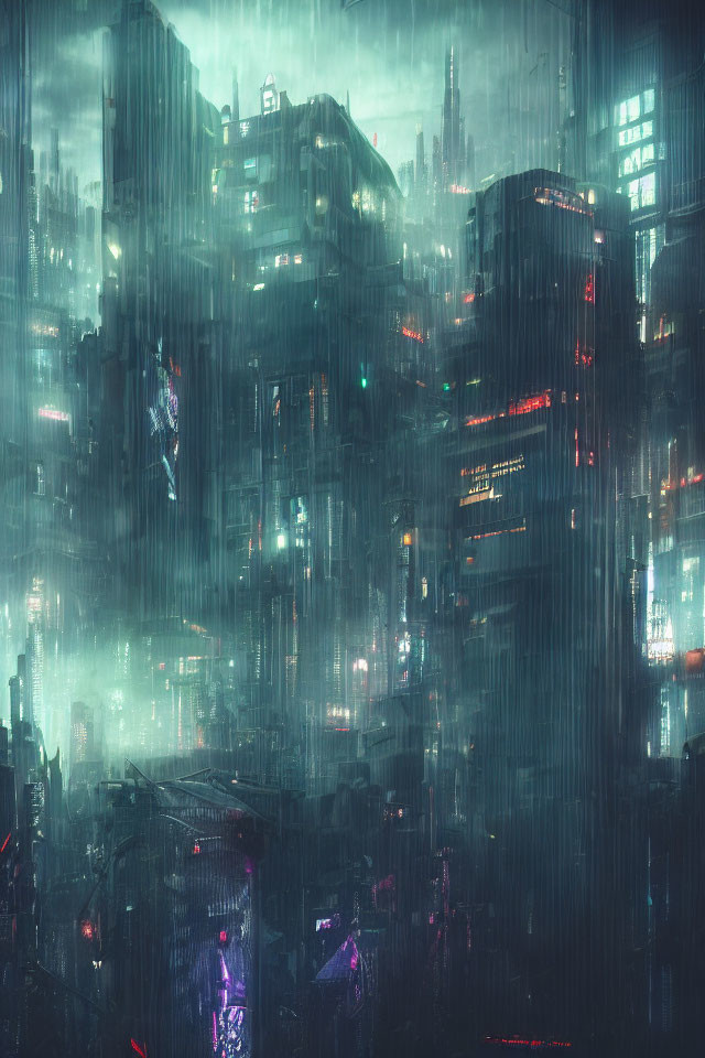 Futuristic cyberpunk cityscape with neon lights and rain