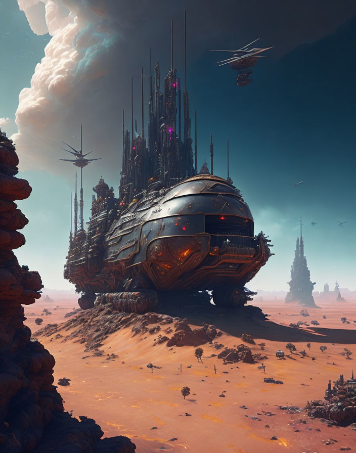 Futuristic desert city with towering spires and spherical vehicle on sandy terrain