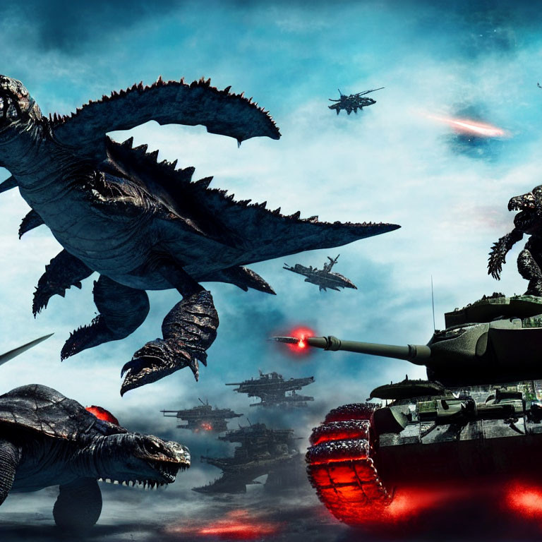 Gigantic monsters battle tanks and helicopters under surreal sky