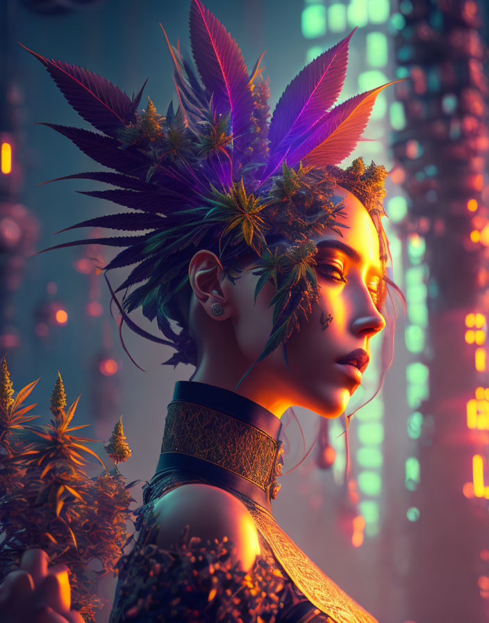 Woman with Colorful Feather Headdress and Cannabis Leaves in Neon Cityscape