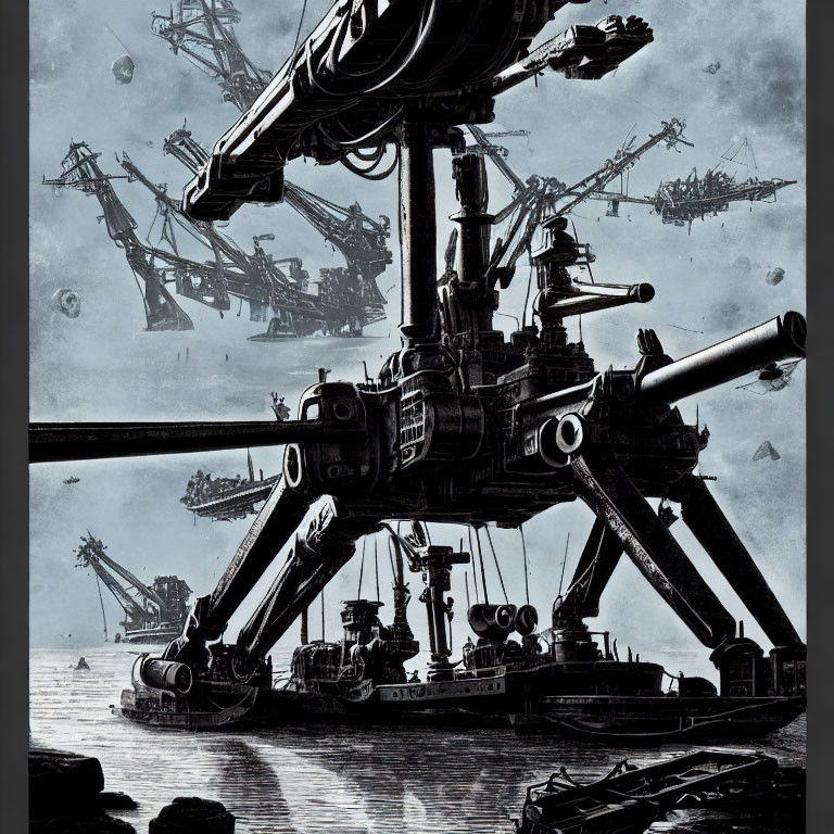 Dystopian scene with towering tripod structures and heavy artillery against dark skies