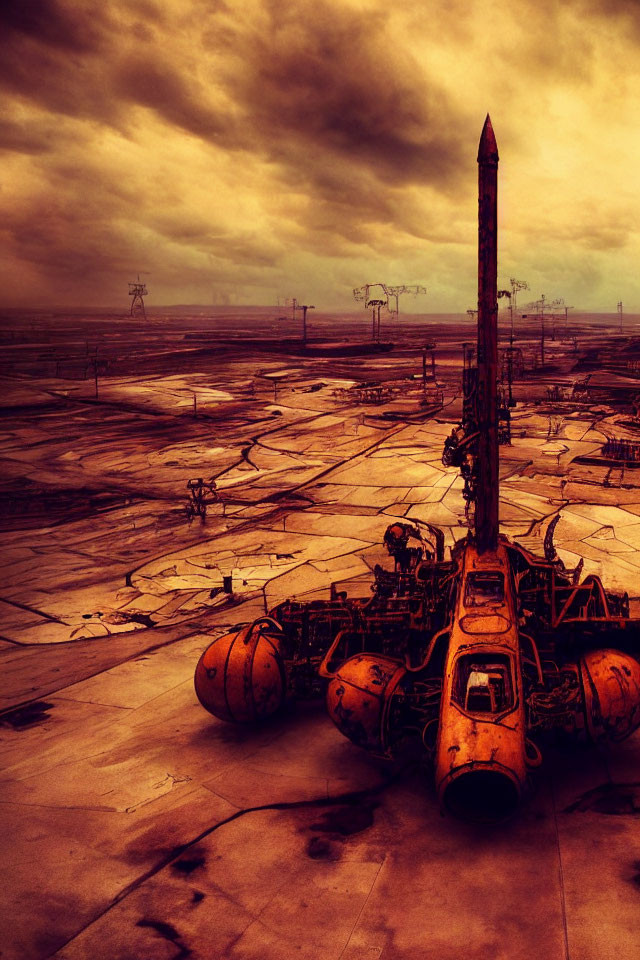 Desolate landscape with abandoned spacecraft under dramatic sky