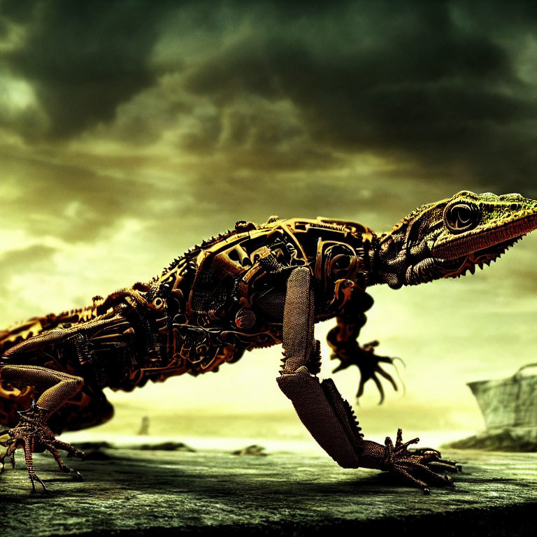 Intricate mechanical lizard on rock under dramatic sky