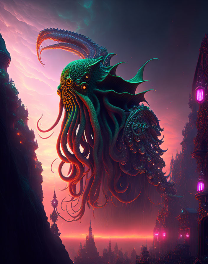 Fantastical octopus-like creature in alien landscape with glowing structures