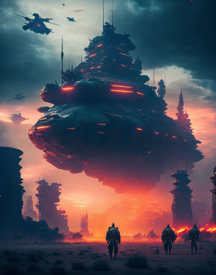 Futuristic cityscape with towering spires and spaceship at dusk