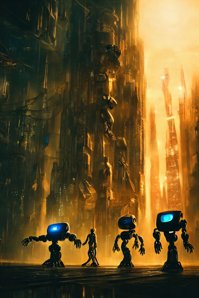 Robots walking in dystopian city with towering structures