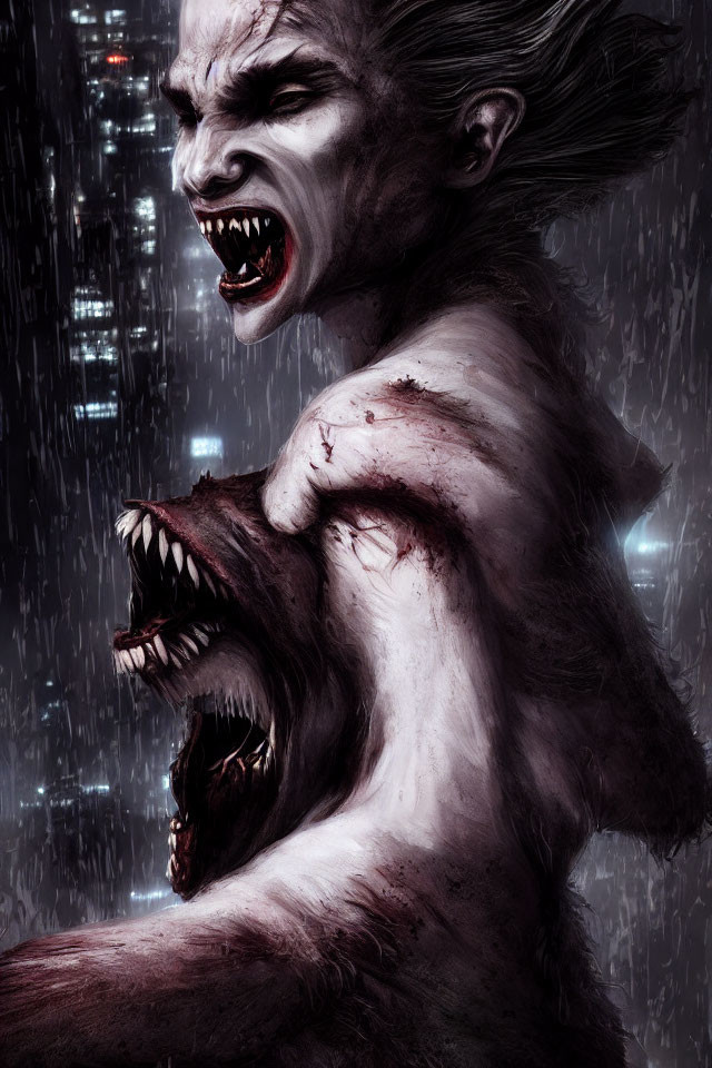 Sinister creature with sharp teeth and two mouths in dark urban setting