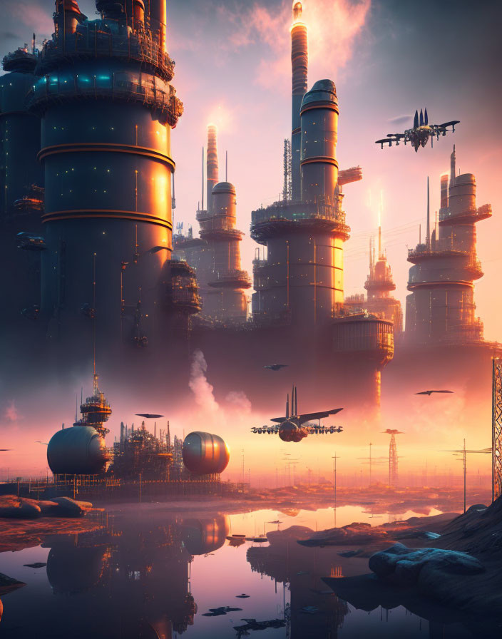 Futuristic cityscape with towering structures and aircraft at dusk