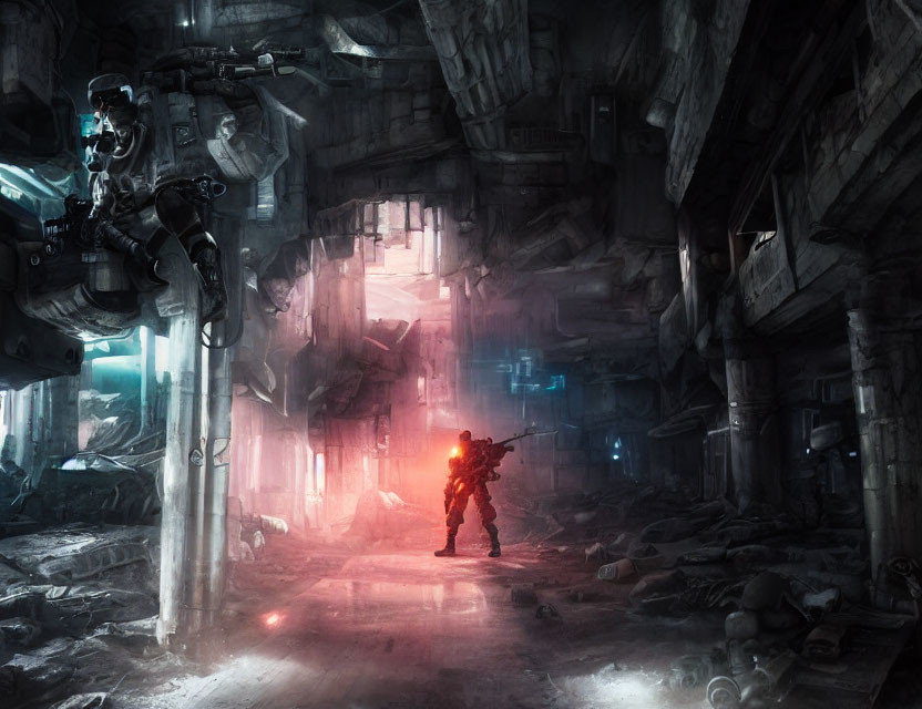 Futuristic soldier in red-lit urban setting with advanced exoskeleton suits