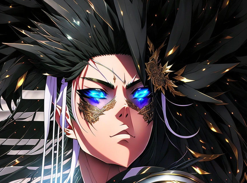 Anime character with blue eyes, black spiky hair, and golden adornments