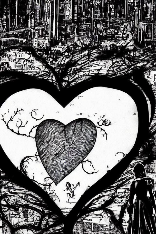 Monochrome heart-shaped cityscape illustration with figure