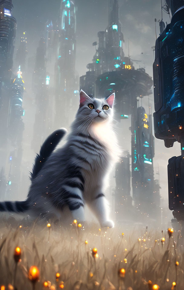 Fluffy Gray and White Cat in Vibrant Field with Futuristic Cityscape